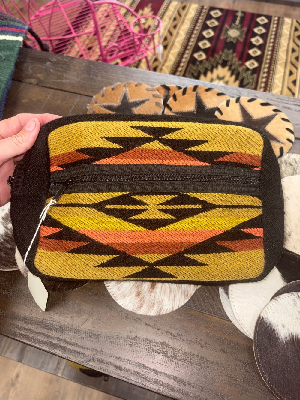 Handwoven Geometric Toiletry Bag - Yellow & Orange